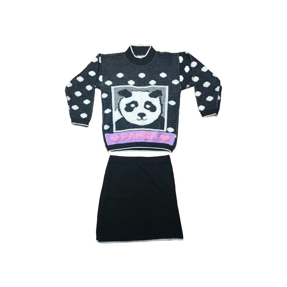 Vtg Mickey's Clan Panda Love White Polka Dot Sweater With Sweater Skirt Set